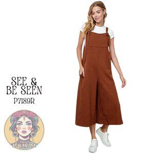 P7189R SEE & BE SEEN Rust Textured Cropped Wide Leg Jumper Overalls